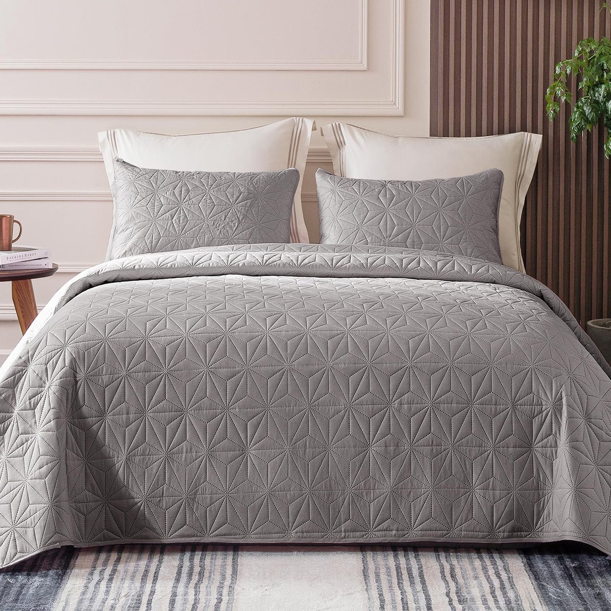 Azomor® Lichtgrijze decoratieve sprei set met geometrisch patroon voor elk seizoen