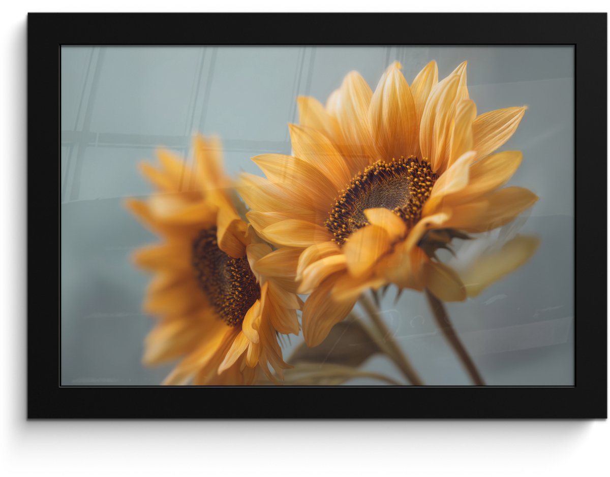 FrameYourWall Poster in lijst - Fotolijst 30x20 cm - Posters - Zonnebloemen - Geel - Wazig - Posterlijst zwart - Decoratie - Wanddecoratie woonkamer - Muurdecoratie slaapkamer