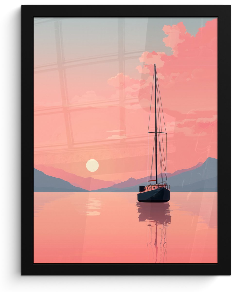 FrameYourWall Poster in lijst - Fotolijst 30x40 cm - Posters - Zeilboot - Roze zee - Zonsondergang - Bergen - Posterlijst zwart - Decoratie - Wanddecoratie woonkamer - Muurdecoratie slaapkamer Zeilboot - Zee - Bergen