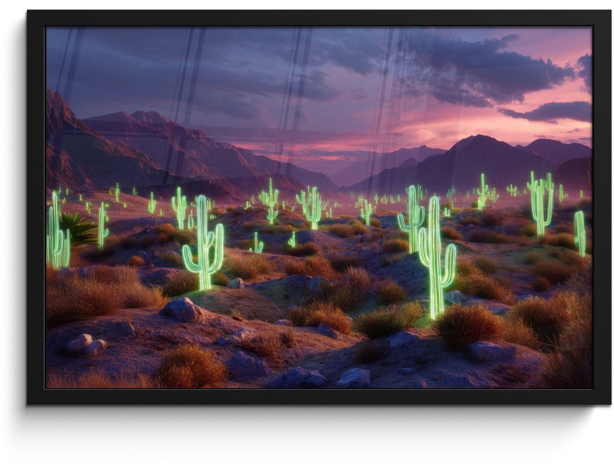 FrameYourWall Poster in lijst - Fotolijst 60x40 cm - Posters - Neon cactussen - Woestijn - Zonsondergang - Posterlijst zwart - Decoratie - Wanddecoratie woonkamer - Muurdecoratie slaapkamer Neon - cactus - Woestijn