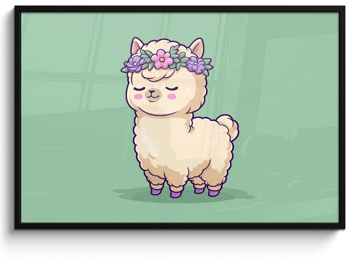 FrameYourWall Poster in lijst - Fotolijst 120x80 cm - Posters - Alpaca - Groen - Bloemendiadeem - Posterlijst zwart - Decoratie - Wanddecoratie woonkamer - Muurdecoratie slaapkamer