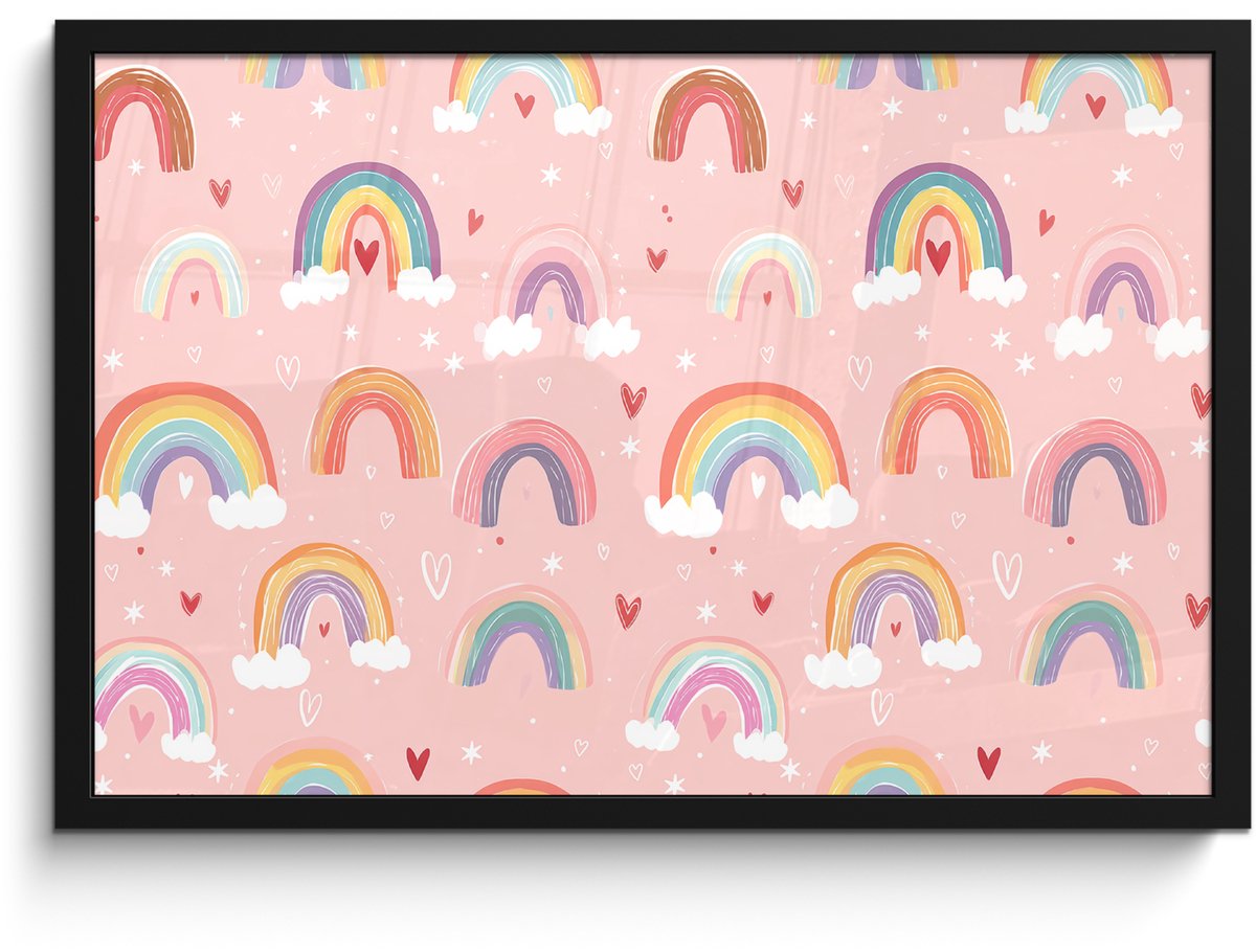 FrameYourWall Poster in lijst - Fotolijst 60x40 cm - Posters - Regenboog - Patroon - Pastel - Handgetekend - Posterlijst zwart - Decoratie - Wanddecoratie woonkamer - Muurdecoratie slaapkamer