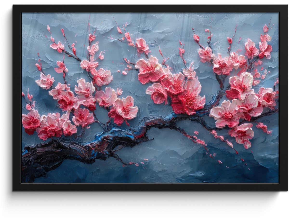 FrameYourWall Poster in lijst - Fotolijst 60x40 cm - Posters - Bloesem - Bloem - Roze - Tak - Posterlijst zwart - Decoratie - Wanddecoratie woonkamer - Muurdecoratie slaapkamer Bloesem - Tak