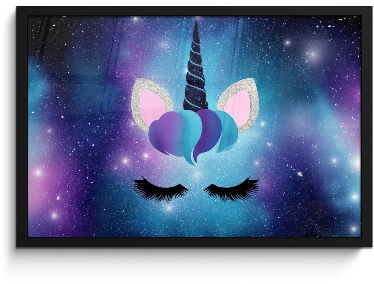 FrameYourWall Poster in lijst - Fotolijst 60x40 cm - Posters - Eenhoorn - Sterren - Magisch - Blauw - Posterlijst zwart - Decoratie - Wanddecoratie woonkamer - Muurdecoratie slaapkamer Eenhoorn - Sterrenstelsel