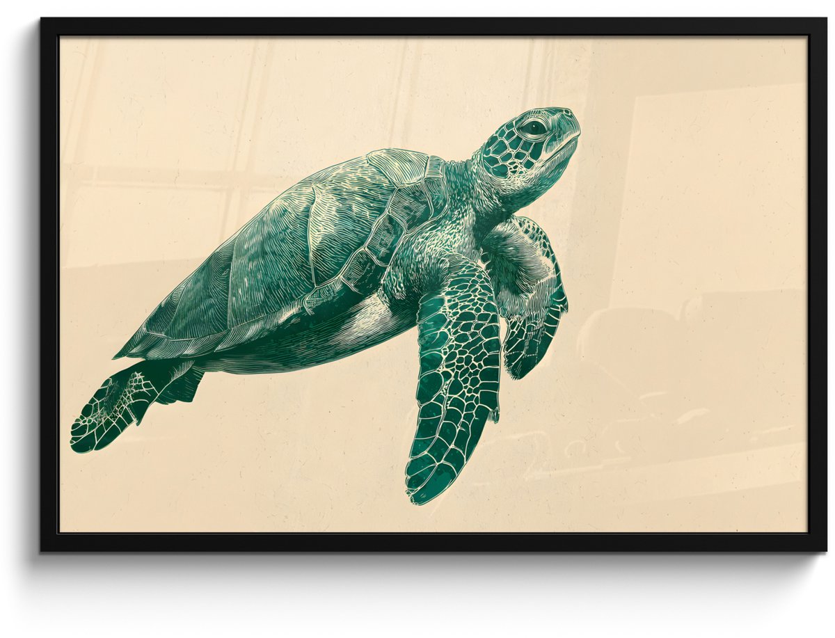 FrameYourWall Poster in lijst - Fotolijst 90x60 cm - Posters - Schildpad - Sierlijk - Groen - Schild - Posterlijst zwart - Decoratie - Wanddecoratie woonkamer - Muurdecoratie slaapkamer