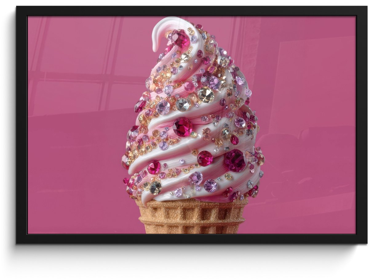 FrameYourWall Poster in lijst - Fotolijst 60x40 cm - Posters - Softijs - Edelstenen - Roze - Hoorntje - Posterlijst zwart - Decoratie - Wanddecoratie woonkamer - Muurdecoratie slaapkamer