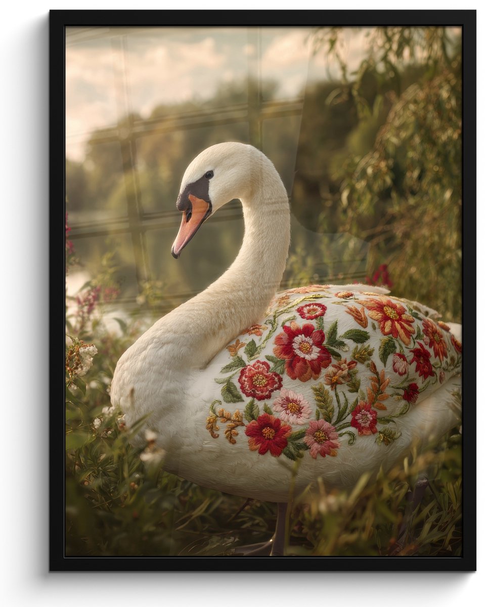 FrameYourWall Poster in lijst - Fotolijst 60x80 cm - Posters - Zwaan - Bloemen - Natuur - Posterlijst zwart - Decoratie - Wanddecoratie woonkamer - Muurdecoratie slaapkamer