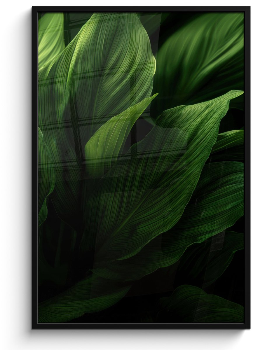 FrameYourWall Poster in lijst - Fotolijst 80x120 cm - Posters - Bladeren - Schaduw - Groen - Textuur - Posterlijst zwart - Decoratie - Wanddecoratie woonkamer - Muurdecoratie slaapkamer Bladeren - Textuur