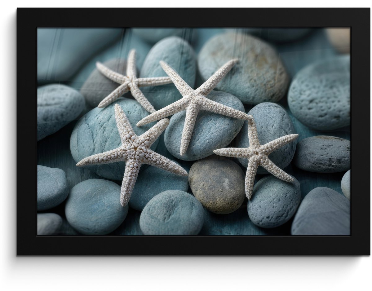 FrameYourWall Poster in lijst - Fotolijst 30x20 cm - Posters - Zeesterren - Stenen - Wit - Posterlijst zwart - Decoratie - Wanddecoratie woonkamer - Muurdecoratie slaapkamer