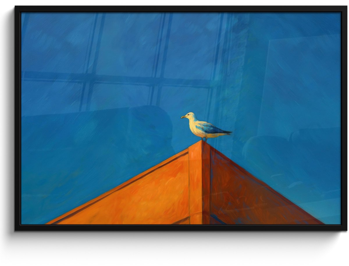 FrameYourWall Poster in lijst - Fotolijst 120x80 cm - Posters - Meeuw - Gebouw - Lucht - Geschilderd - Posterlijst zwart - Decoratie - Wanddecoratie woonkamer - Muurdecoratie slaapkamer