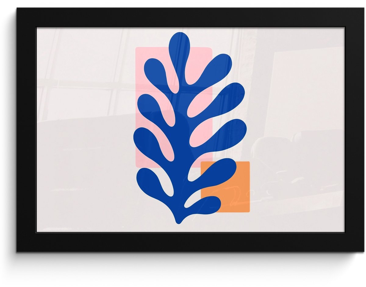 FrameYourWall Poster in lijst - Fotolijst 30x20 cm - Posters - Abstract - Blad - Blauw - Rechthoeken - Posterlijst zwart - Decoratie - Wanddecoratie woonkamer - Muurdecoratie slaapkamer
