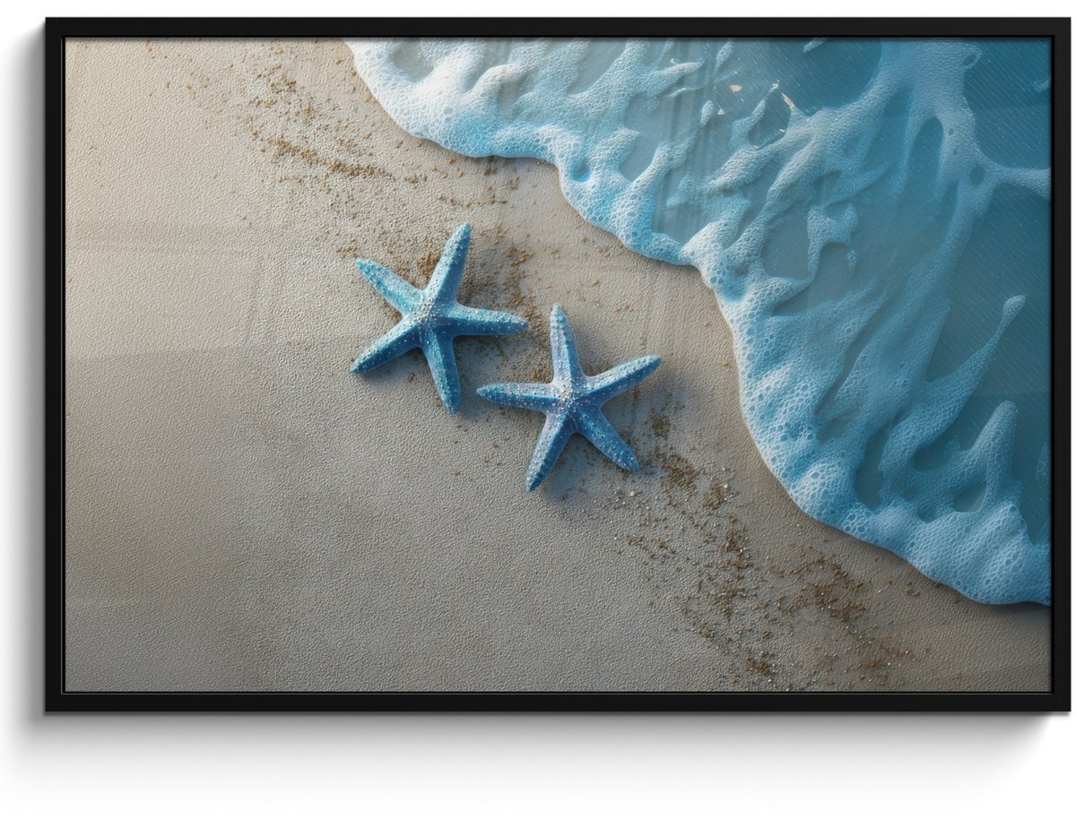 FrameYourWall Poster in lijst - Fotolijst 120x80 cm - Posters - Zeesterren - Zand - Zee - Blauw - Posterlijst zwart - Decoratie - Wanddecoratie woonkamer - Muurdecoratie slaapkamer