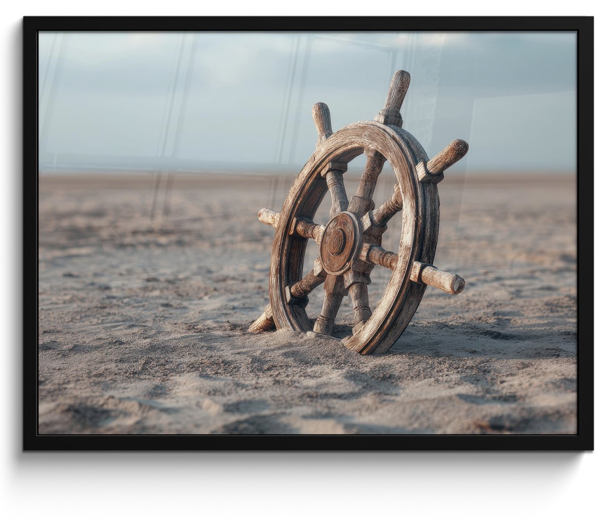 FrameYourWall Poster in lijst - Fotolijst 80x60 cm - Posters - Scheepsstuur - Hout - Bruin - Zand - Posterlijst zwart - Decoratie - Wanddecoratie woonkamer - Muurdecoratie slaapkamer Scheepsstuur - Zand