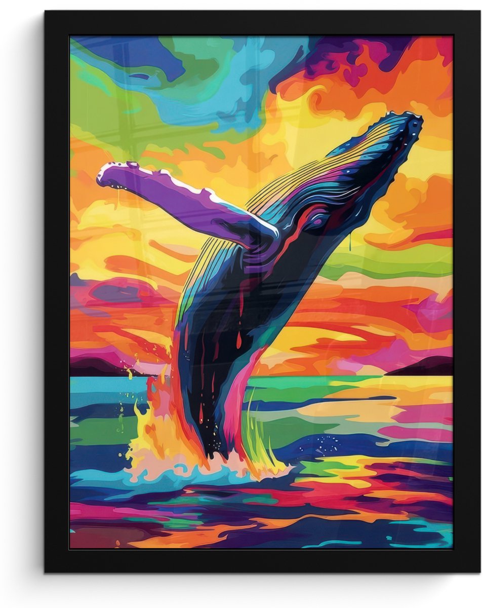 FrameYourWall Poster in lijst - Fotolijst 30x40 cm - Posters - Zonsondergang - Walvis - Geschilderd - Kleurrijk - Posterlijst zwart - Decoratie - Wanddecoratie woonkamer - Muurdecoratie slaapkamer Walvis - Kleurrijk