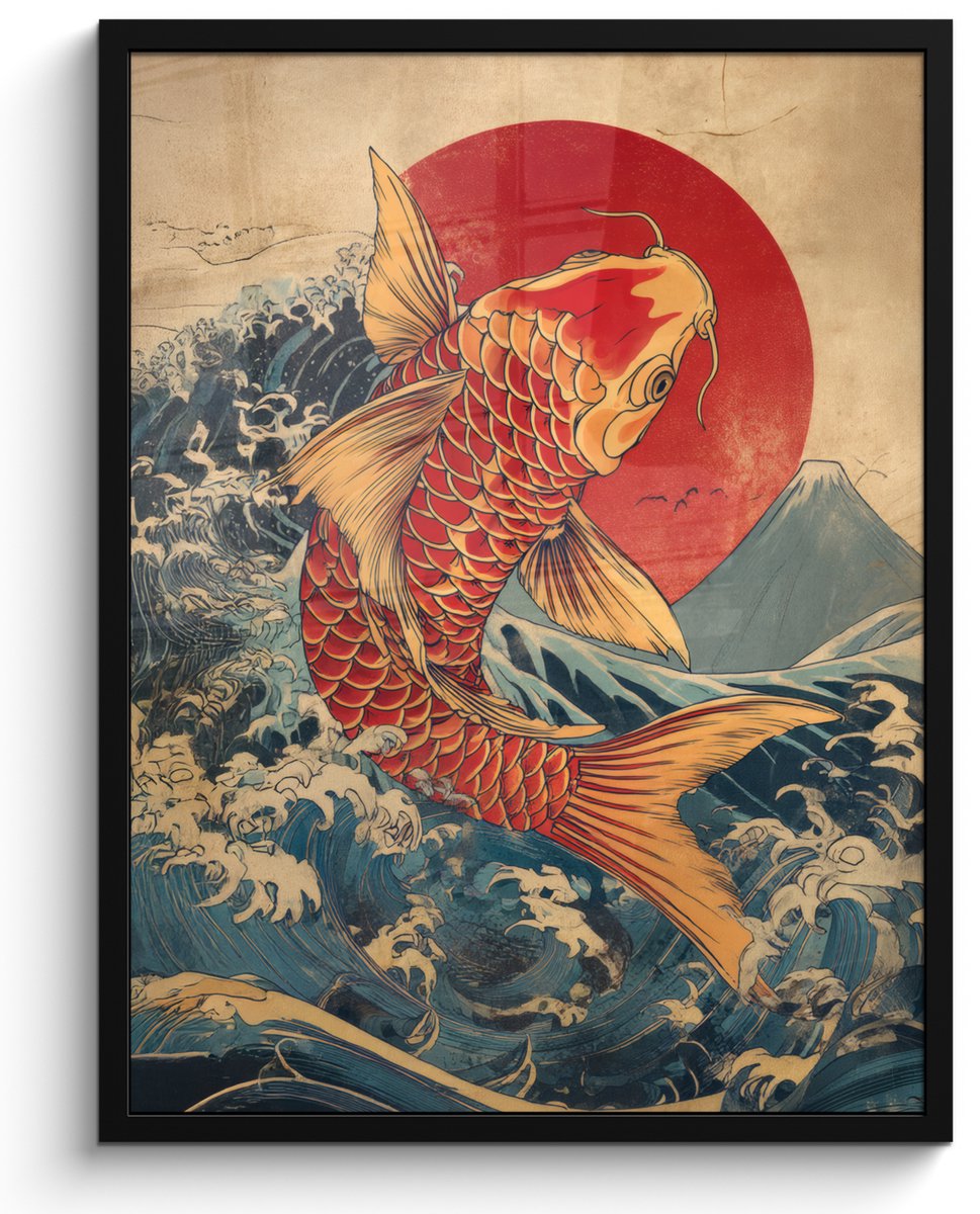 FrameYourWall Poster in lijst - Fotolijst 60x80 cm - Posters - Koi - Zee - Golven - Zon - Posterlijst zwart - Decoratie - Wanddecoratie woonkamer - Muurdecoratie slaapkamer
