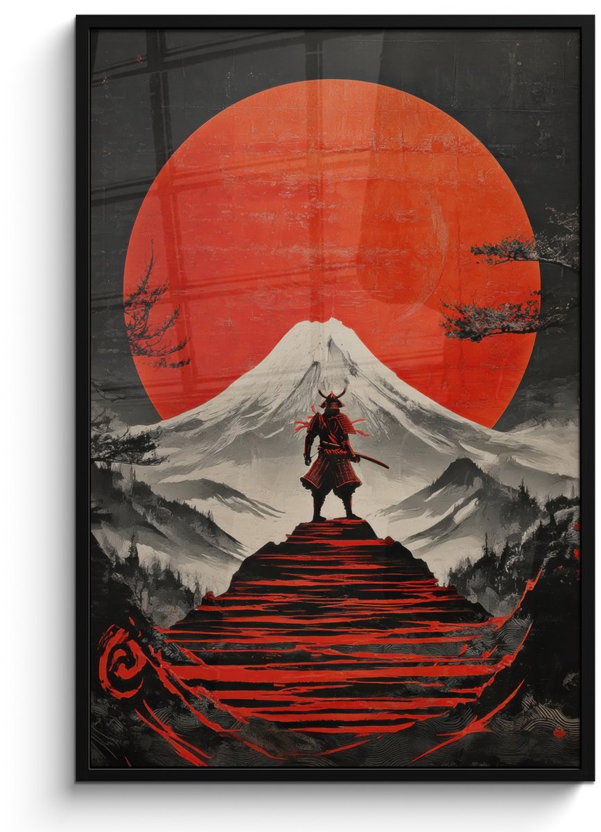 FrameYourWall Poster in lijst - Fotolijst 80x120 cm - Posters - Krijger - Rode trappen - Zon - Berg - Posterlijst zwart - Decoratie - Wanddecoratie woonkamer - Muurdecoratie slaapkamer Krijger - Zon - Berg