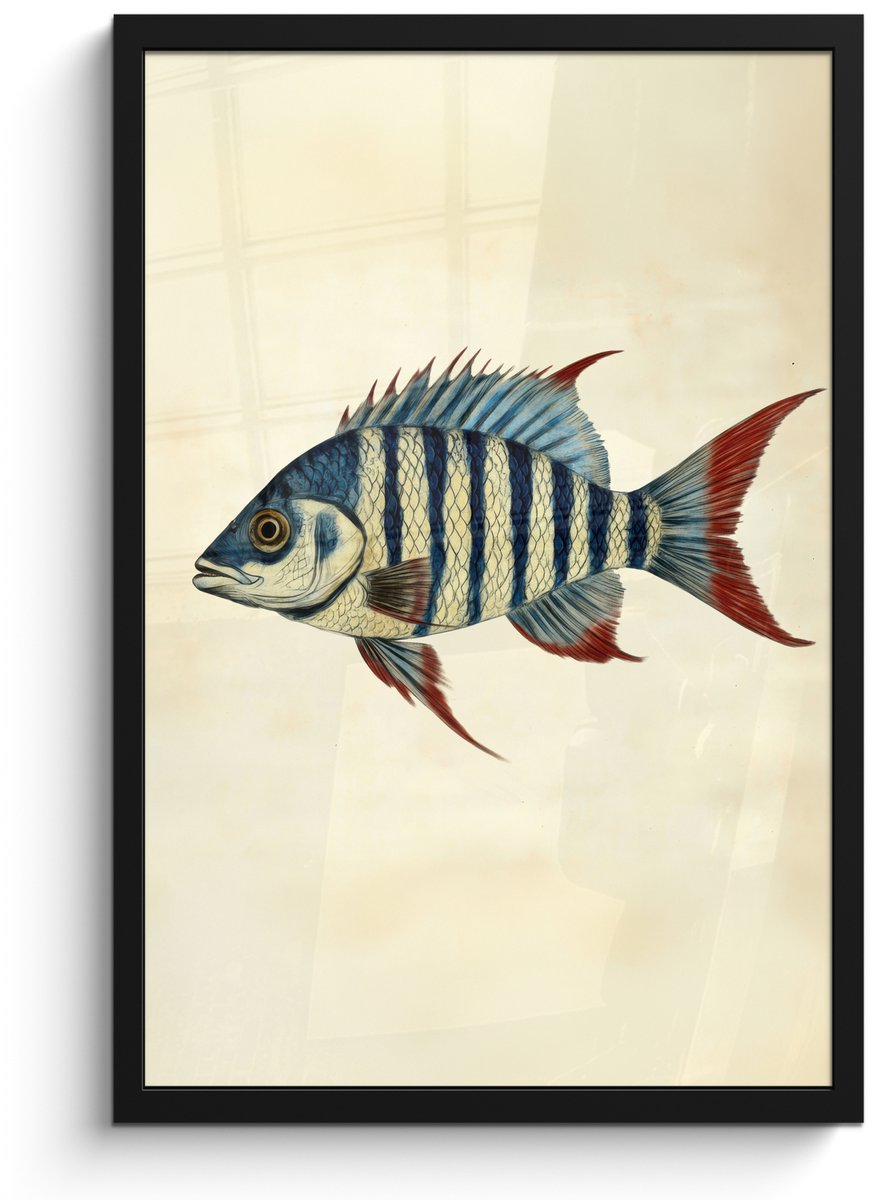 FrameYourWall Poster in lijst - Fotolijst 40x60 cm - Posters - Gestreept - Donkerblauw - Rugvin - Vis - Posterlijst zwart - Decoratie - Wanddecoratie woonkamer - Muurdecoratie slaapkamer