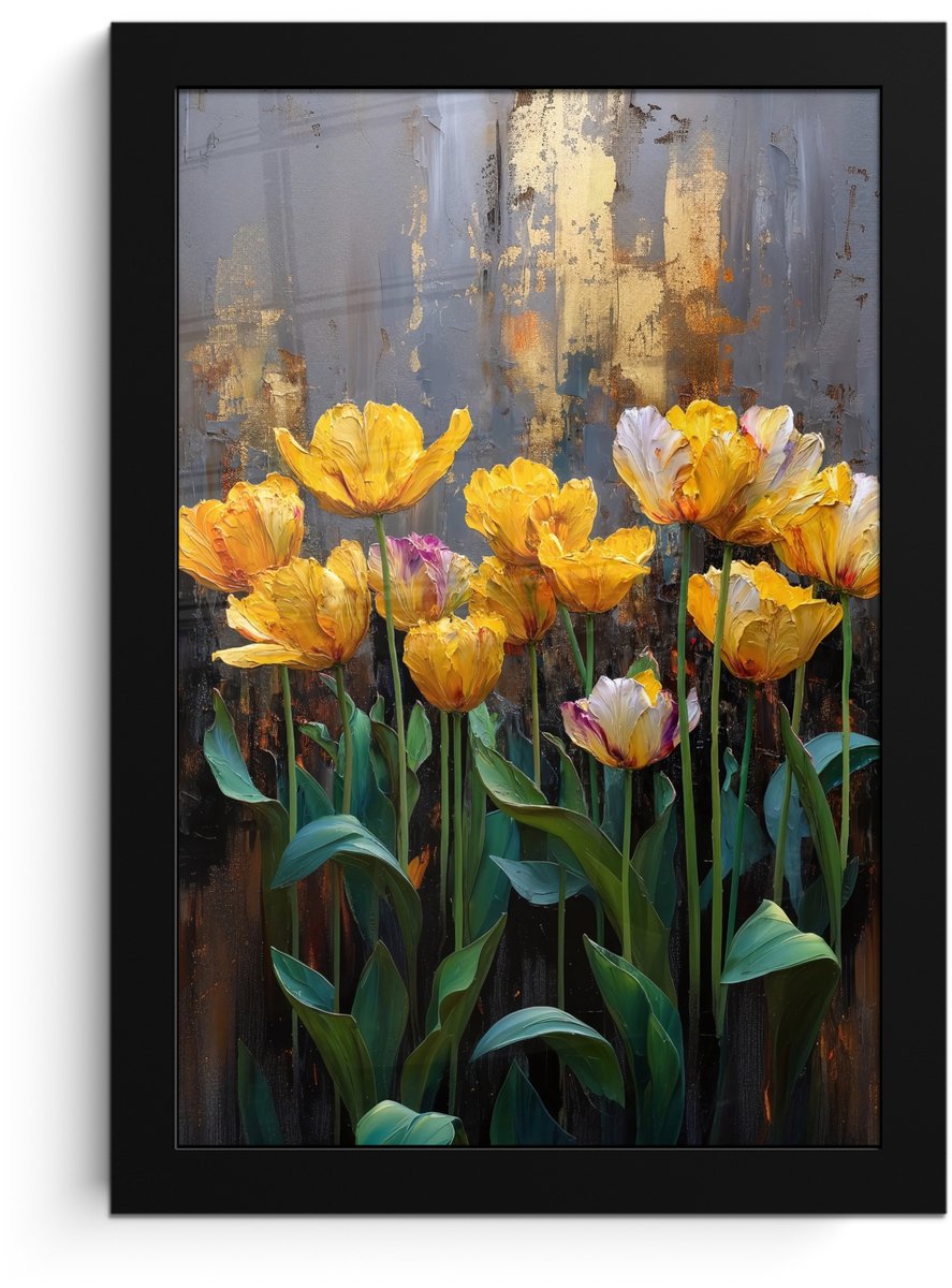 FrameYourWall Poster in lijst - Fotolijst 20x30 cm - Posters - Tulpen - Geel - Penseelstreken - Abstract - Posterlijst zwart - Decoratie - Wanddecoratie woonkamer - Muurdecoratie slaapkamer