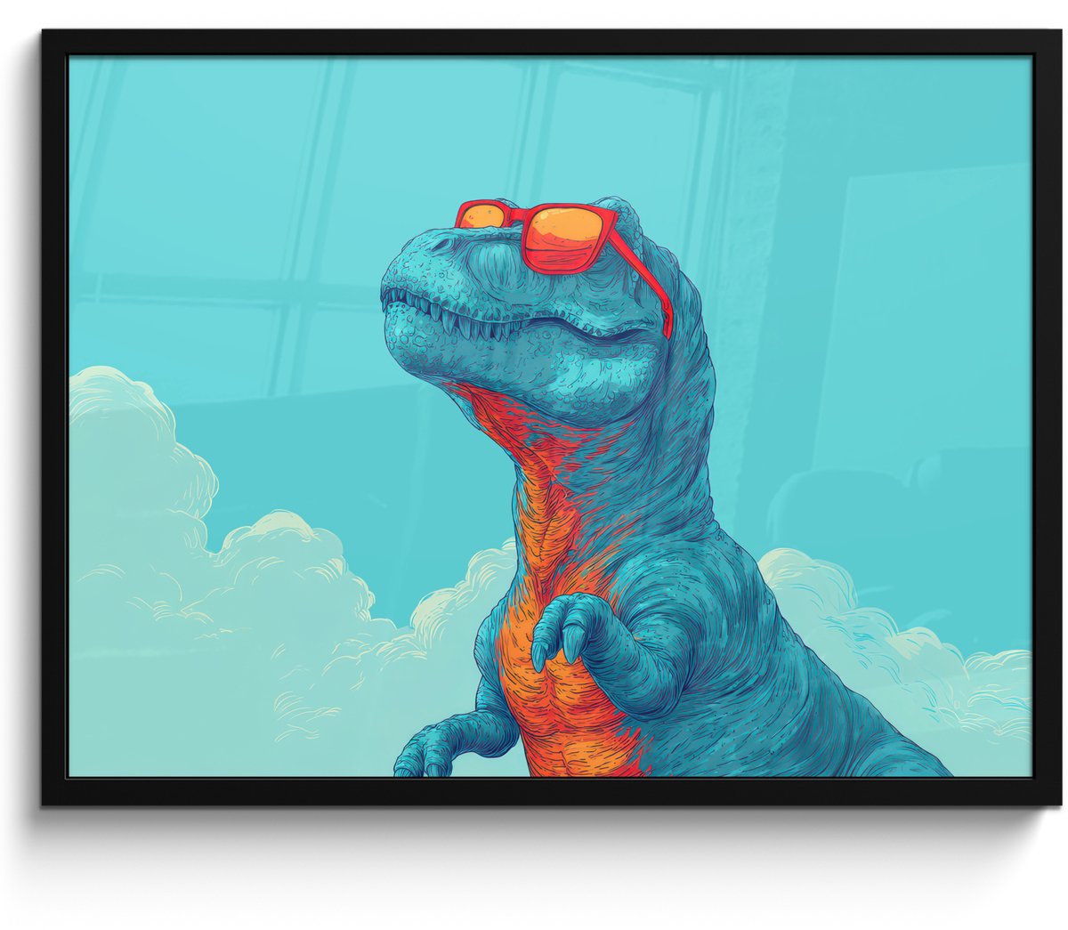 FrameYourWall Poster in lijst - Fotolijst 80x60 cm - Posters - T-Rex - Blauw - Wolken - Zonnebril - Posterlijst zwart - Decoratie - Wanddecoratie woonkamer - Muurdecoratie slaapkamer Dinosaurus - Wolken - Zonnebril