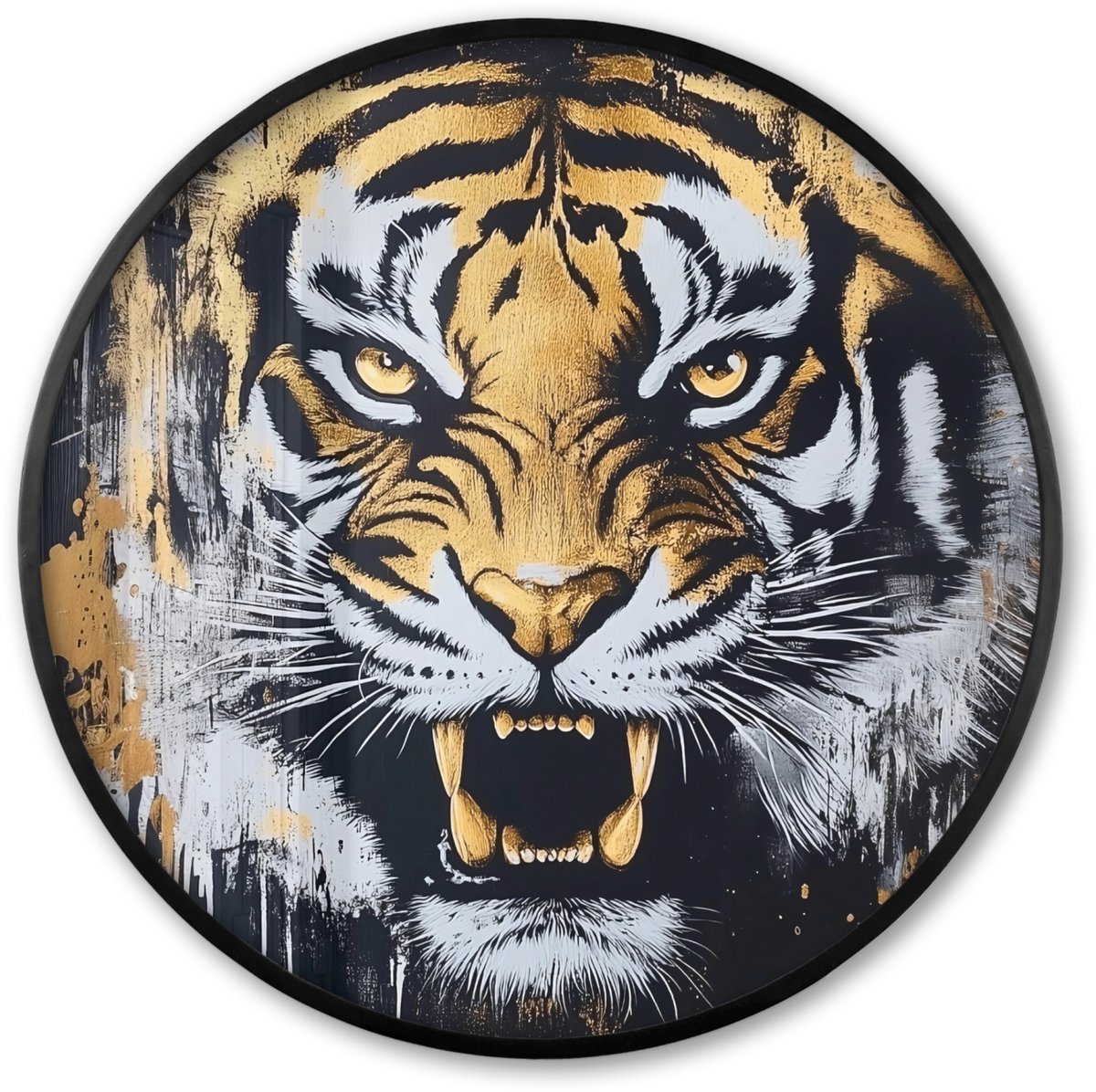 FrameYourWall Poster in lijst Rond - Fotolijst 60x60 cm - Posters - Tijger - Verfspatten - Goud - Ronde posterlijst zwart - Decoratie - Wanddecoratie woonkamer - Muurdecoratie slaapkamer