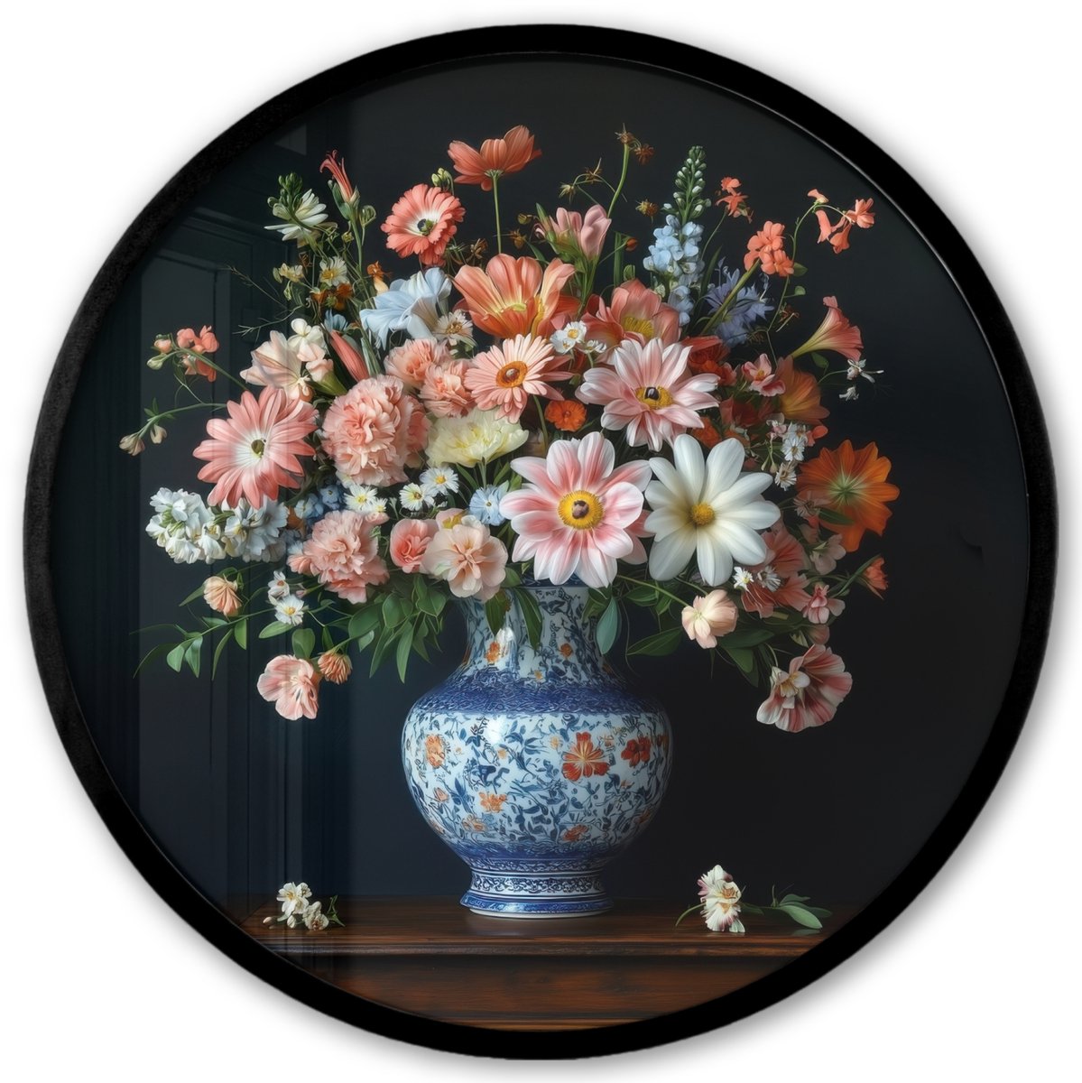 FrameYourWall Poster in lijst Rond - Fotolijst 40x40 cm - Posters - Hout - Vaas - Kleuren - Bloemen - Ronde posterlijst zwart - Decoratie - Wanddecoratie woonkamer - Muurdecoratie slaapkamer Bloemen - Roze