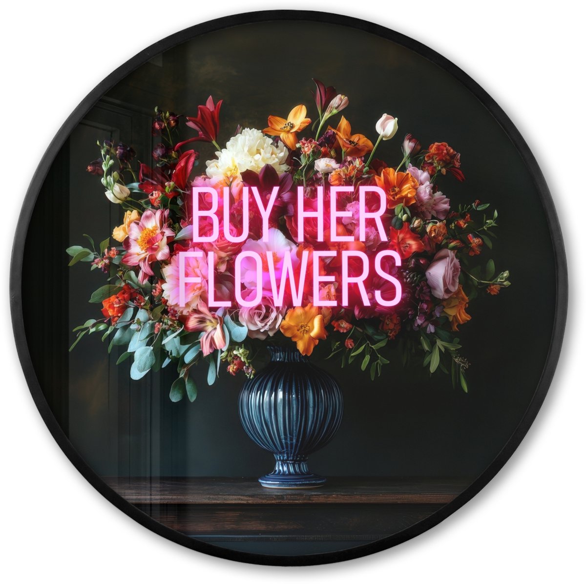 FrameYourWall Poster in lijst Rond - Fotolijst 60x60 cm - Posters - Quote - Bloemen - Vaas - Neon - Ronde posterlijst zwart - Decoratie - Wanddecoratie woonkamer - Muurdecoratie slaapkamer Multicolor