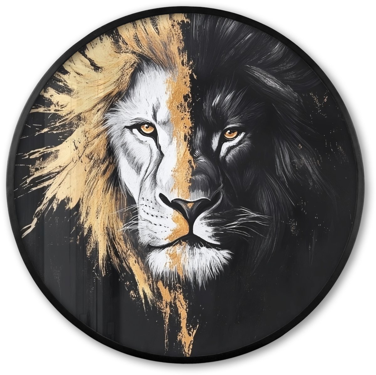 FrameYourWall Poster in lijst Rond - Fotolijst 80x80 cm - Posters - Leeuw - Gesplitst - Zwart - Lijn - Ronde posterlijst zwart - Decoratie - Wanddecoratie woonkamer - Muurdecoratie slaapkamer Leeuw - Portret