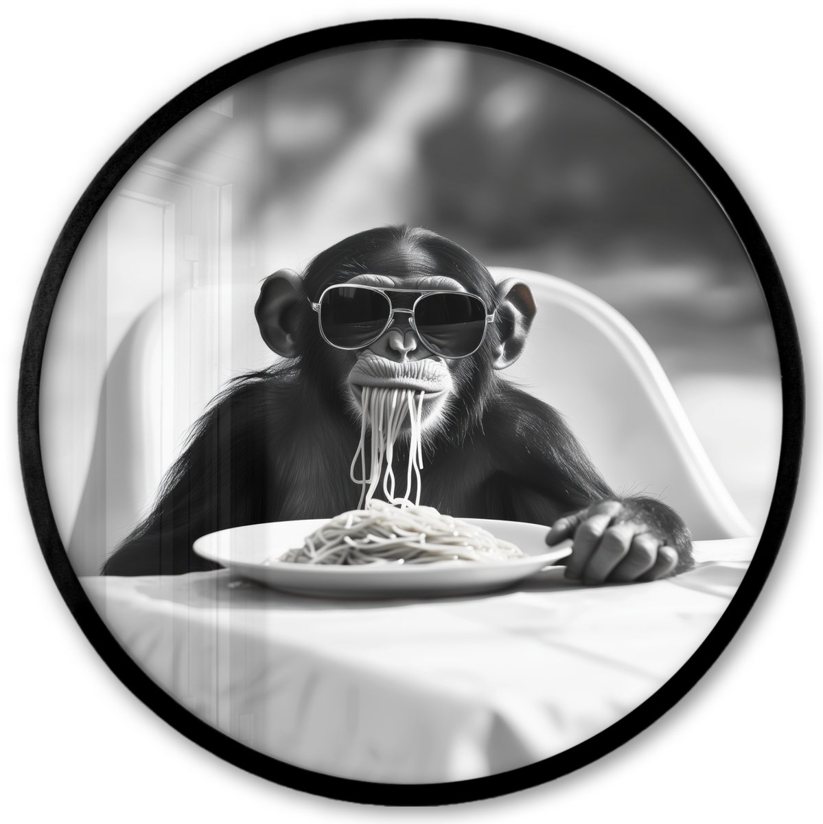 FrameYourWall Poster in lijst Rond - Fotolijst 40x40 cm - Posters - Aap - Spaghetti - Zonnebril - Zwart wit - Cool - Dier - Ronde posterlijst zwart - Decoratie - Wanddecoratie woonkamer - Muurdecoratie slaapkamer