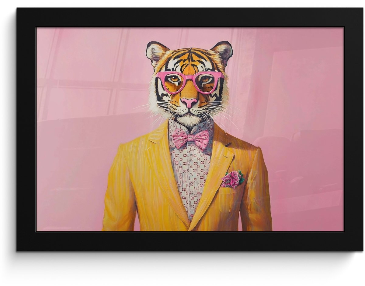 FrameYourWall Poster in lijst - Fotolijst 30x20 cm - Posters - Tijger - Bril - Geel - Jasje - Posterlijst zwart - Decoratie - Wanddecoratie woonkamer - Muurdecoratie slaapkamer
