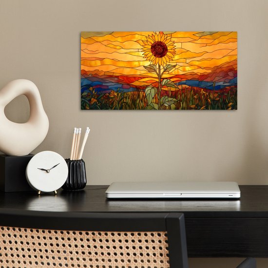Poster 40x20 cm - Zonnebloem - Mozaïek - Zonsondergang - Geel - Posters - Kamer decoratie - Wanddecoratie woonkamer - Muurdecoratie slaapkamer