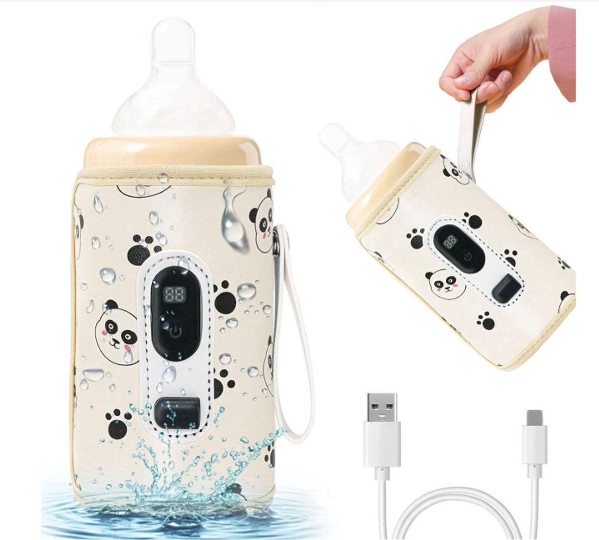 Kraftverdia® - Flessenwarmer Baby-Flessenwarmer Draadloos-Draagbare Flessenwarmer voor onderweg én thuis-USB-oplaadbaar-met LCD-scherm-Instelbare temperatuur-geschikt voor bijna alle gewone melkflessen (diameter minder dan 7,5 cm)