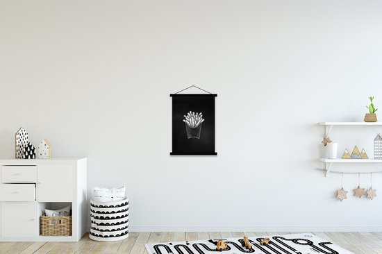 Posterhanger incl. Poster 40x53 cm - Schoolplaat - Friet - Witte krijttekening - Zwart - Textielposter - Zwarte latten