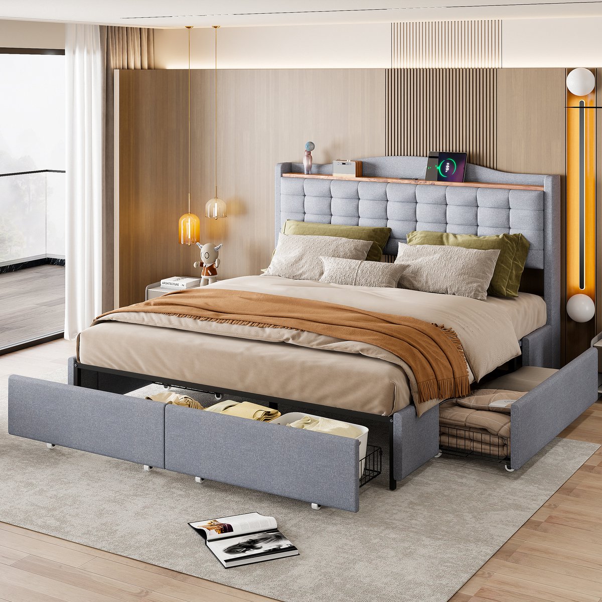 Polsterbed 160x200 cm - Nachttafel met USB-laadpoort en opbergomlijsting - Dubbelzijdig be