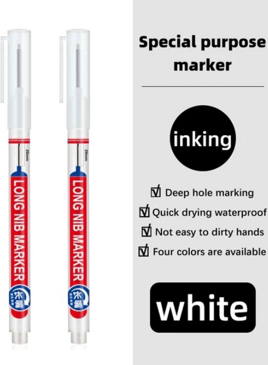 TLVX 2 stuks Verlengde Permanent Marker Wit – Markeerstift - Markeer Timmerman potlood inkt – Bouw Markering stift – Timmermanspen - 20mm Long Tip Marker – Diep gat marker – Teken Hout, Metaal, Glas, Spiegel, Tegels, Beton – Witte inkt