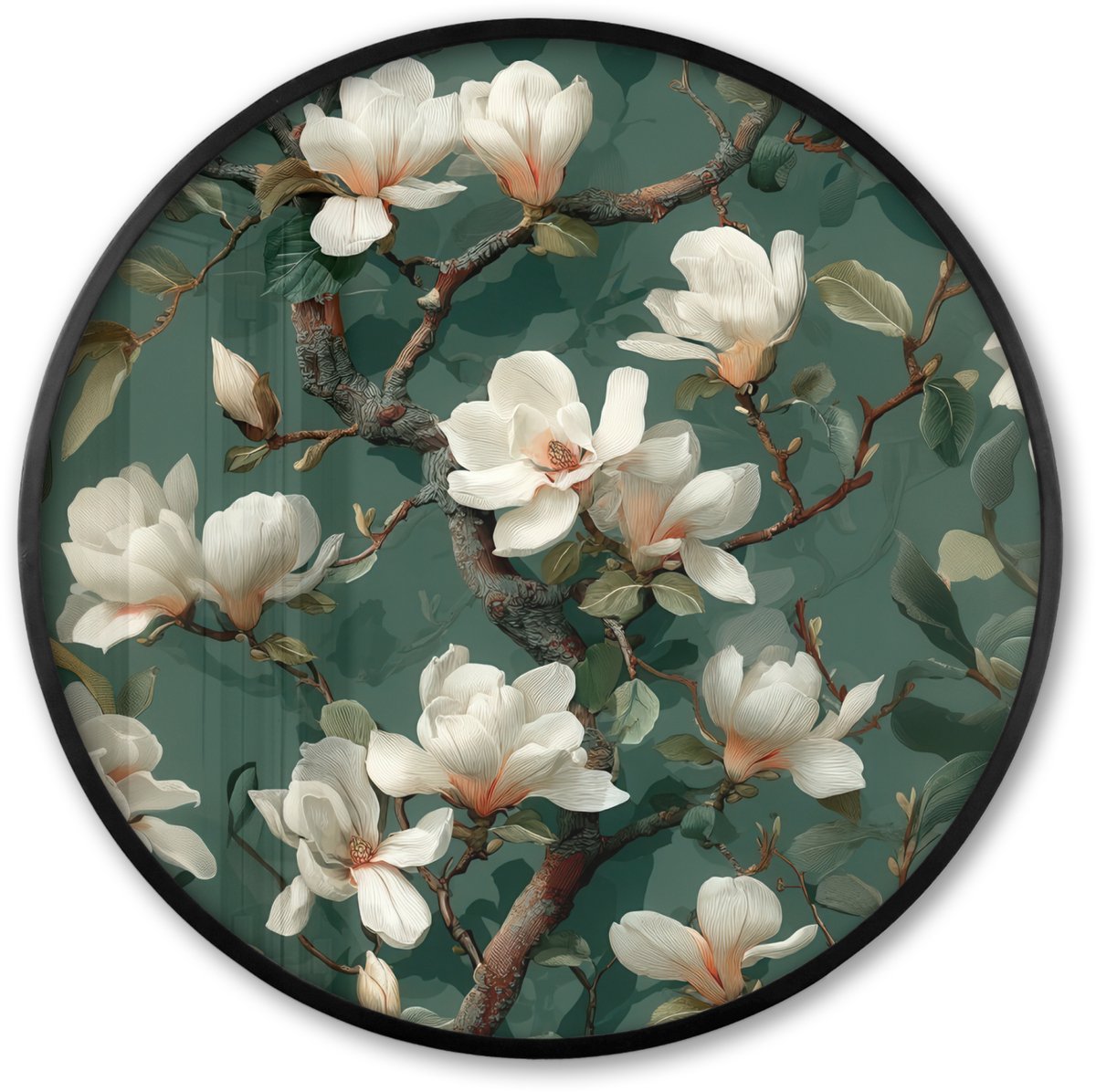 FrameYourWall Poster in lijst Rond - Fotolijst 80x80 cm - Posters - Bloemen - Takken - Wit - Klassiek - Ronde posterlijst zwart - Decoratie - Wanddecoratie woonkamer - Muurdecoratie slaapkamer