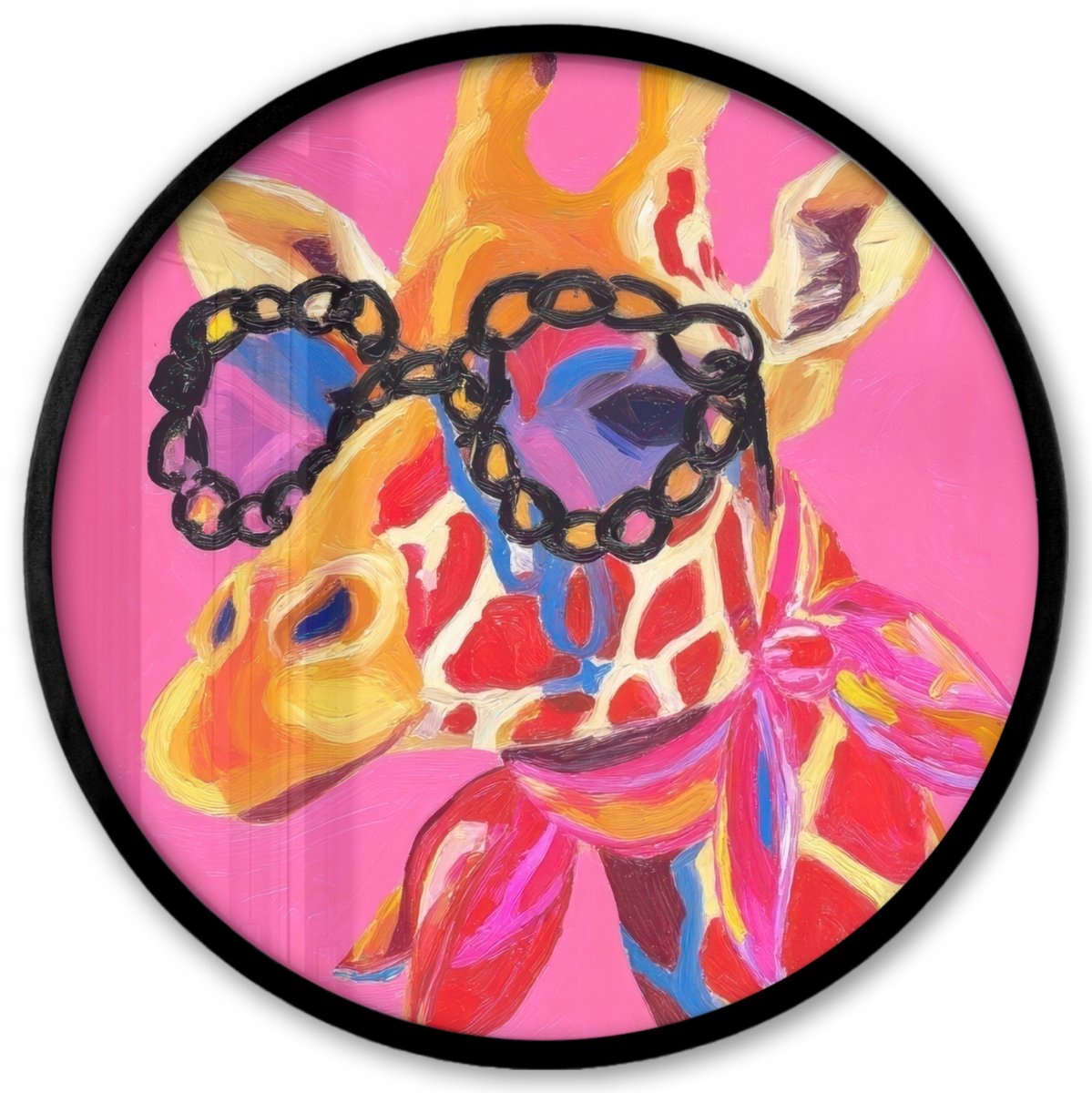 FrameYourWall Poster in lijst Rond - Fotolijst 40x40 cm - Posters - Giraf - Roze - Bril - Sjaal - Ronde posterlijst zwart - Decoratie - Wanddecoratie woonkamer - Muurdecoratie slaapkamer