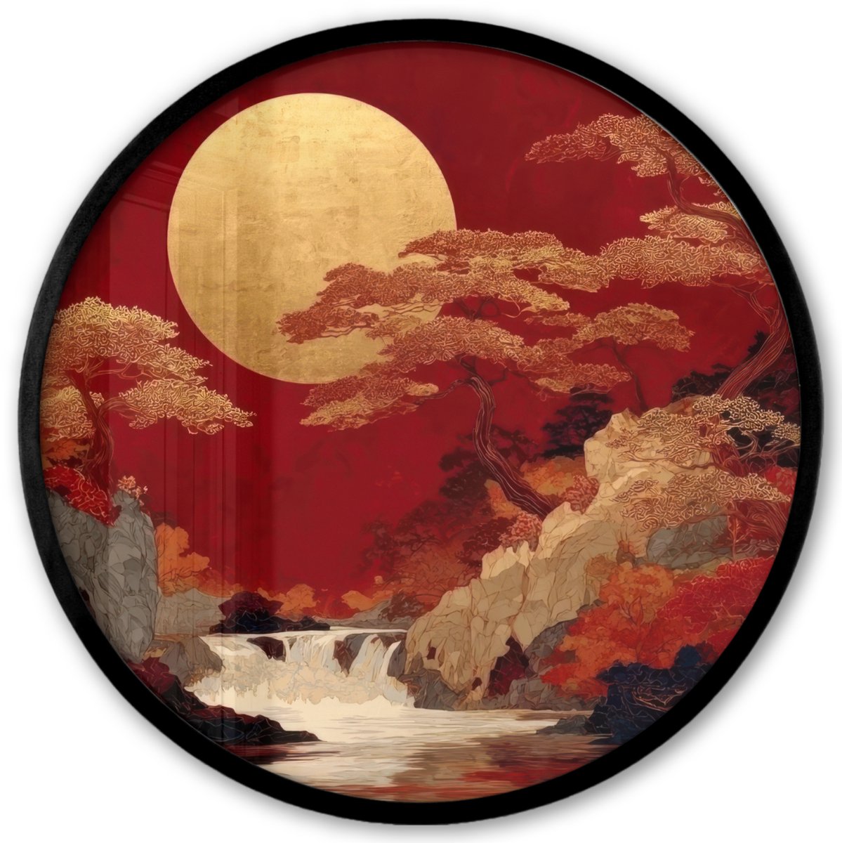 FrameYourWall Poster in lijst Rond - Fotolijst 40x40 cm - Posters - Volle maan - Landschap - Waterval - Ronde posterlijst zwart - Decoratie - Wanddecoratie woonkamer - Muurdecoratie slaapkamer