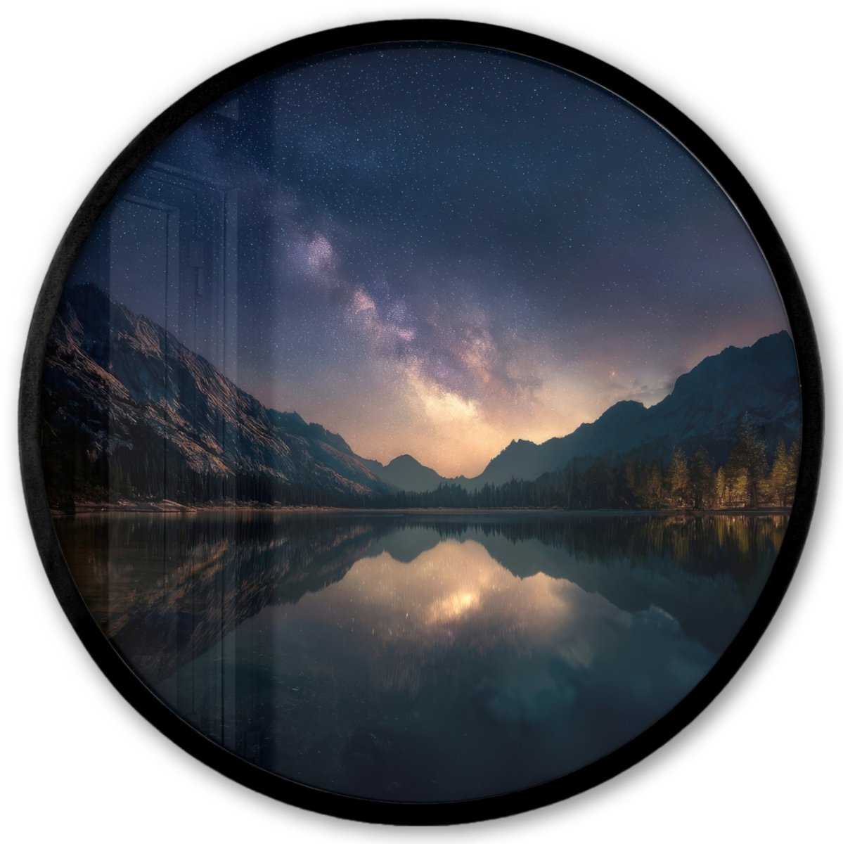 FrameYourWall Poster in lijst Rond - Fotolijst 40x40 cm - Posters - Kristalhelder meer - Bergen - Bergen - Ronde posterlijst zwart - Decoratie - Wanddecoratie woonkamer - Muurdecoratie slaapkamer Sterren - Meer - Bergen