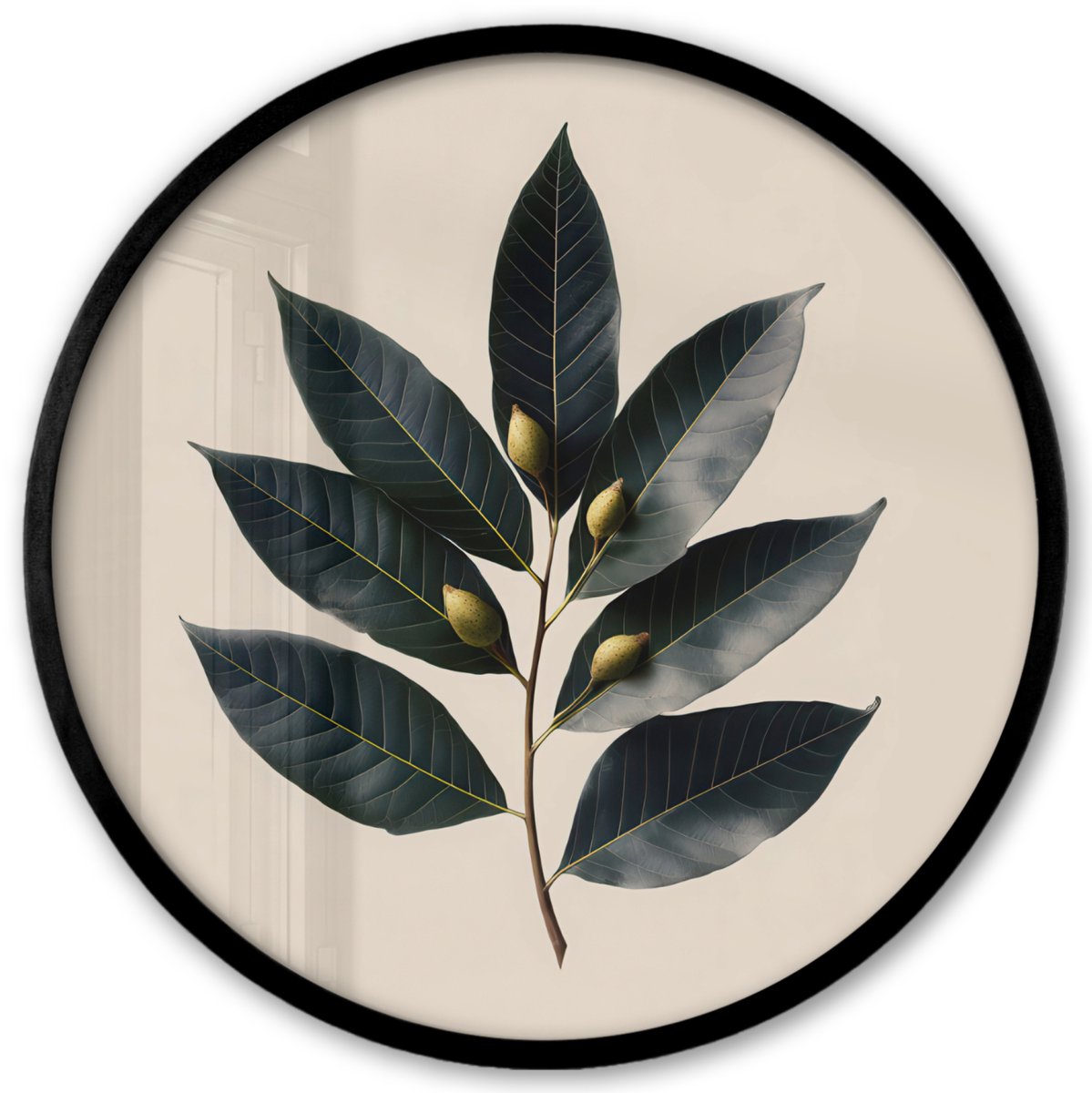 FrameYourWall Poster in lijst Rond - Fotolijst 40x40 cm - Posters - Laurierbladeren - Bloemknoppen - subtiel - Ronde posterlijst zwart - Decoratie - Wanddecoratie woonkamer - Muurdecoratie slaapkamer