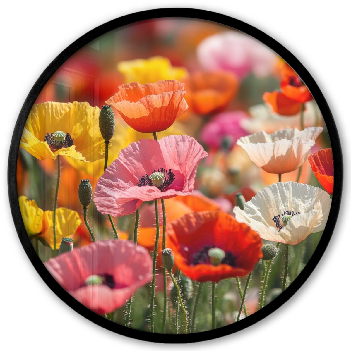 FrameYourWall Poster in lijst Rond - Fotolijst 40x40 cm - Posters - Bloemenveld - Klaprozen - Kleurrijk - Ronde posterlijst zwart - Decoratie - Wanddecoratie woonkamer - Muurdecoratie slaapkamer