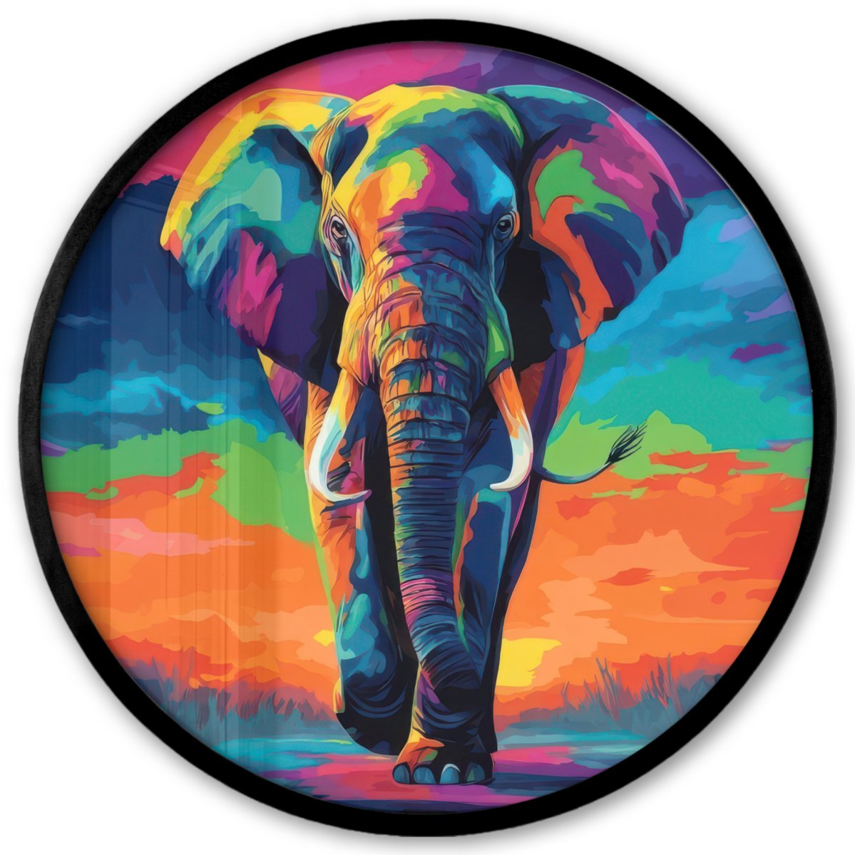 FrameYourWall Poster in lijst Rond - Fotolijst 40x40 cm - Posters - Olifant - Kleurrijk - Lucht - Abstract - Ronde posterlijst zwart - Decoratie - Wanddecoratie woonkamer - Muurdecoratie slaapkamer