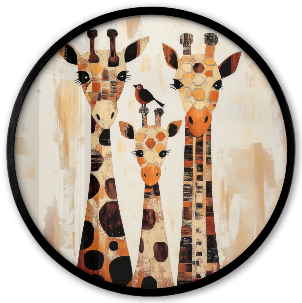 FrameYourWall Poster in lijst Rond - Fotolijst 40x40 cm - Posters - Giraffen - Cartoon - Crème - Ronde posterlijst zwart - Decoratie - Wanddecoratie woonkamer - Muurdecoratie slaapkamer