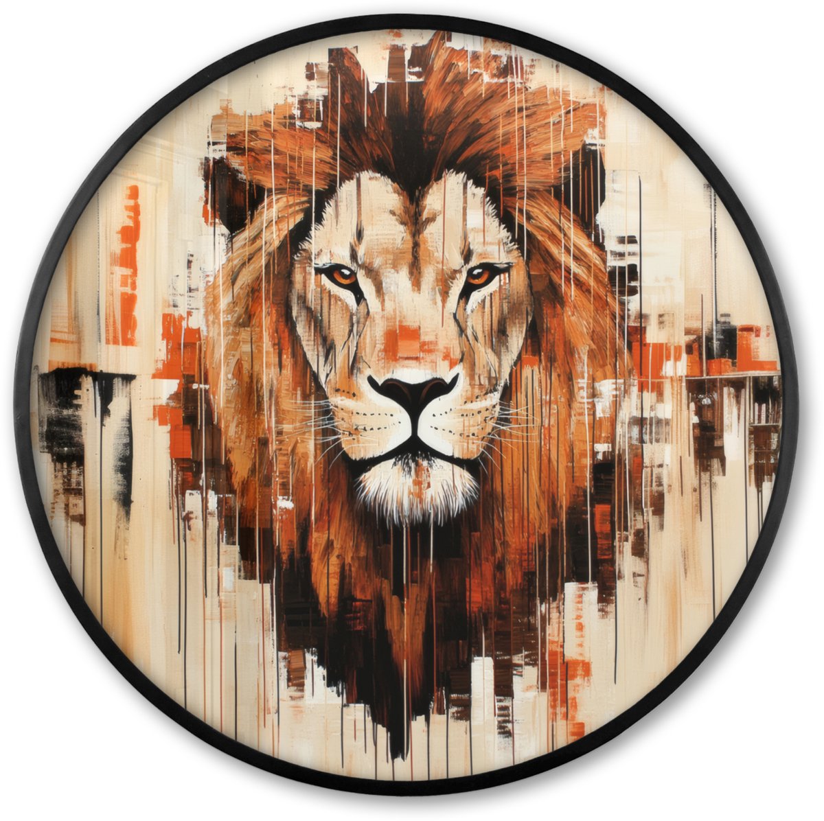 FrameYourWall Poster in lijst Rond - Fotolijst 80x80 cm - Posters - Leeuwenkop - Lijnen - Crème - Ronde posterlijst zwart - Decoratie - Wanddecoratie woonkamer - Muurdecoratie slaapkamer