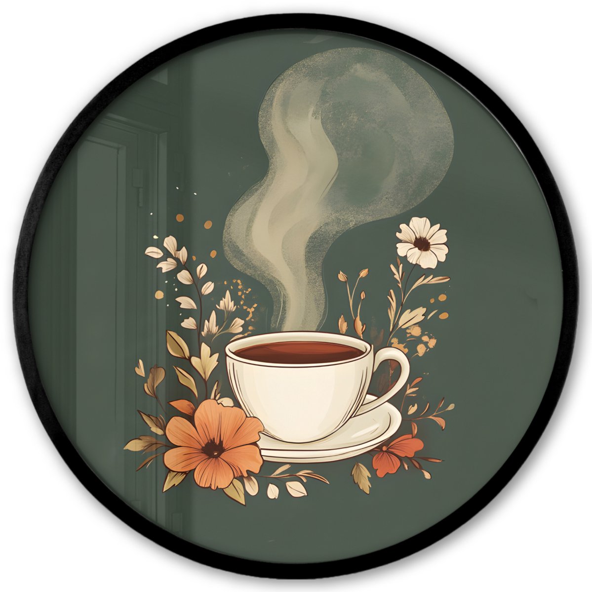 FrameYourWall Poster in lijst Rond - Fotolijst 40x40 cm - Posters - Kop - Bloemen - Groen - Koffie - Ronde posterlijst zwart - Decoratie - Wanddecoratie woonkamer - Muurdecoratie slaapkamer Koffie - Bloemen