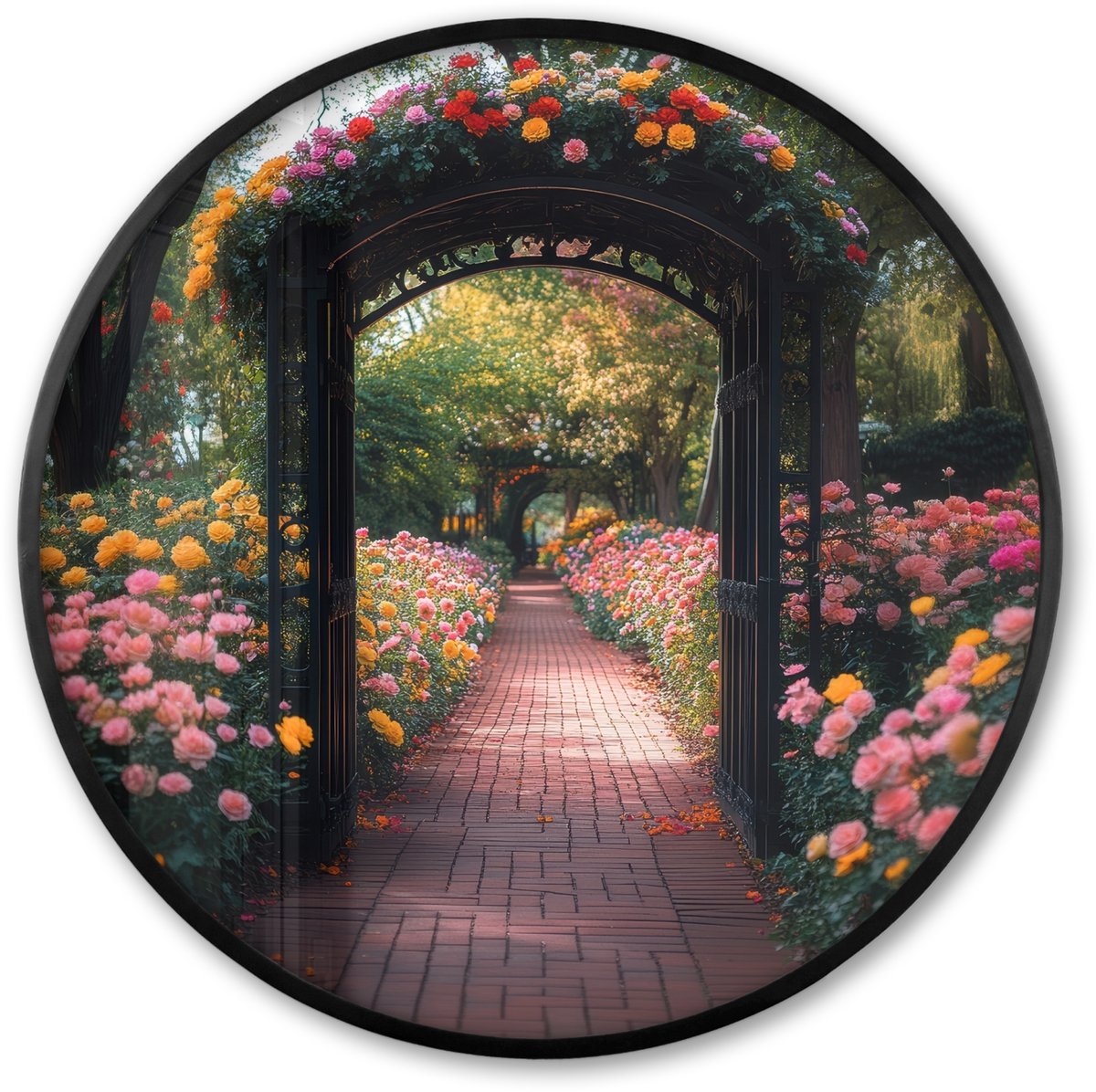FrameYourWall Poster in lijst Rond - Fotolijst 60x60 cm - Posters - Doorkijk - Bloemen - Pad - Natuur - Kleurrijk - Ronde posterlijst zwart - Decoratie - Wanddecoratie woonkamer - Muurdecoratie slaapkamer Poort - Tuin