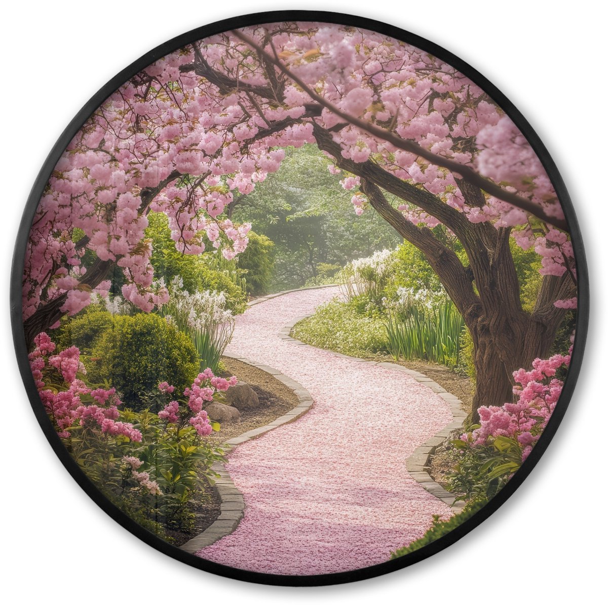 FrameYourWall Poster in lijst Rond - Fotolijst 80x80 cm - Posters - Kersenbloesem - Natuur - Sakura - Pad - Japanse tuin - Ronde posterlijst zwart - Decoratie - Wanddecoratie woonkamer - Muurdecoratie slaapkamer