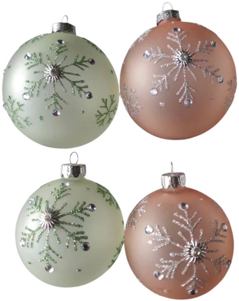House of Seasons Kerst ornament,Kerstbal Set van 4 groen roze ,groter maat D10cm