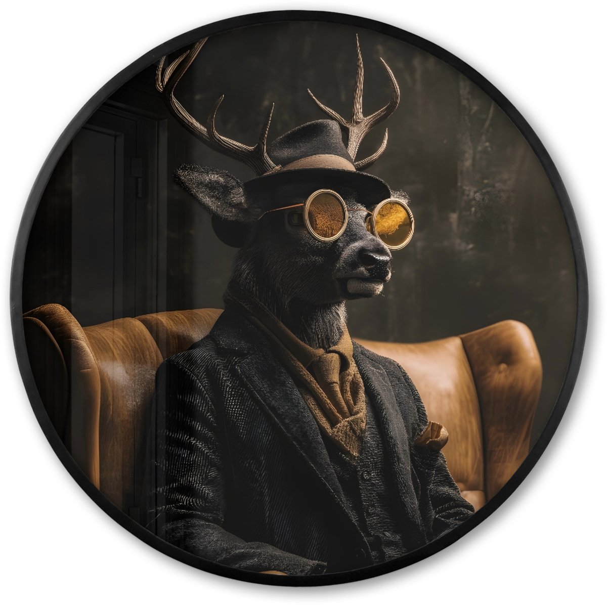 FrameYourWall Poster in lijst Rond - Fotolijst 80x80 cm - Posters - Hert - Zonnebril - Zwart - Pak - Ronde posterlijst zwart - Decoratie - Wanddecoratie woonkamer - Muurdecoratie slaapkamer Beer - Hoed