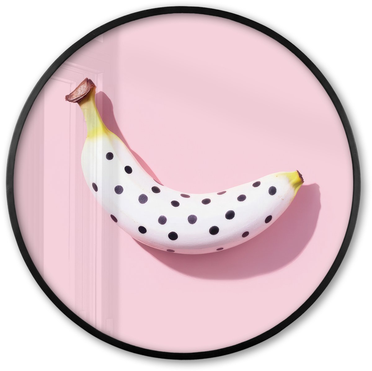 FrameYourWall Poster in lijst Rond - Fotolijst 80x80 cm - Posters - Banaan - Stippen - roze - Ronde posterlijst zwart - Decoratie - Wanddecoratie woonkamer - Muurdecoratie slaapkamer
