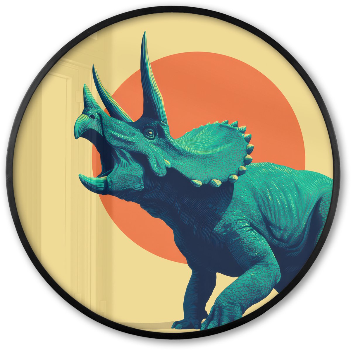 FrameYourWall Poster in lijst Rond - Fotolijst 60x60 cm - Posters - Triceratops - Cirkel - Oranje - Hoorns - Ronde posterlijst zwart - Decoratie - Wanddecoratie woonkamer - Muurdecoratie slaapkamer